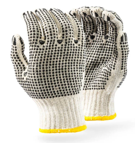 7gg 900gpd. Natural Cotton Blend crochet with BLACK PVC double dotted gloves